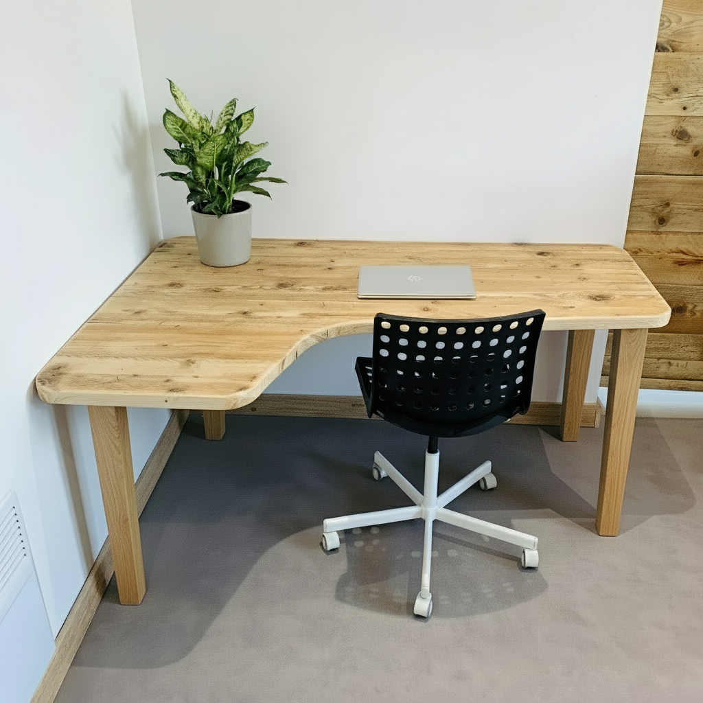Wooden L-shaped desk with a black office chair and a plant in a room.