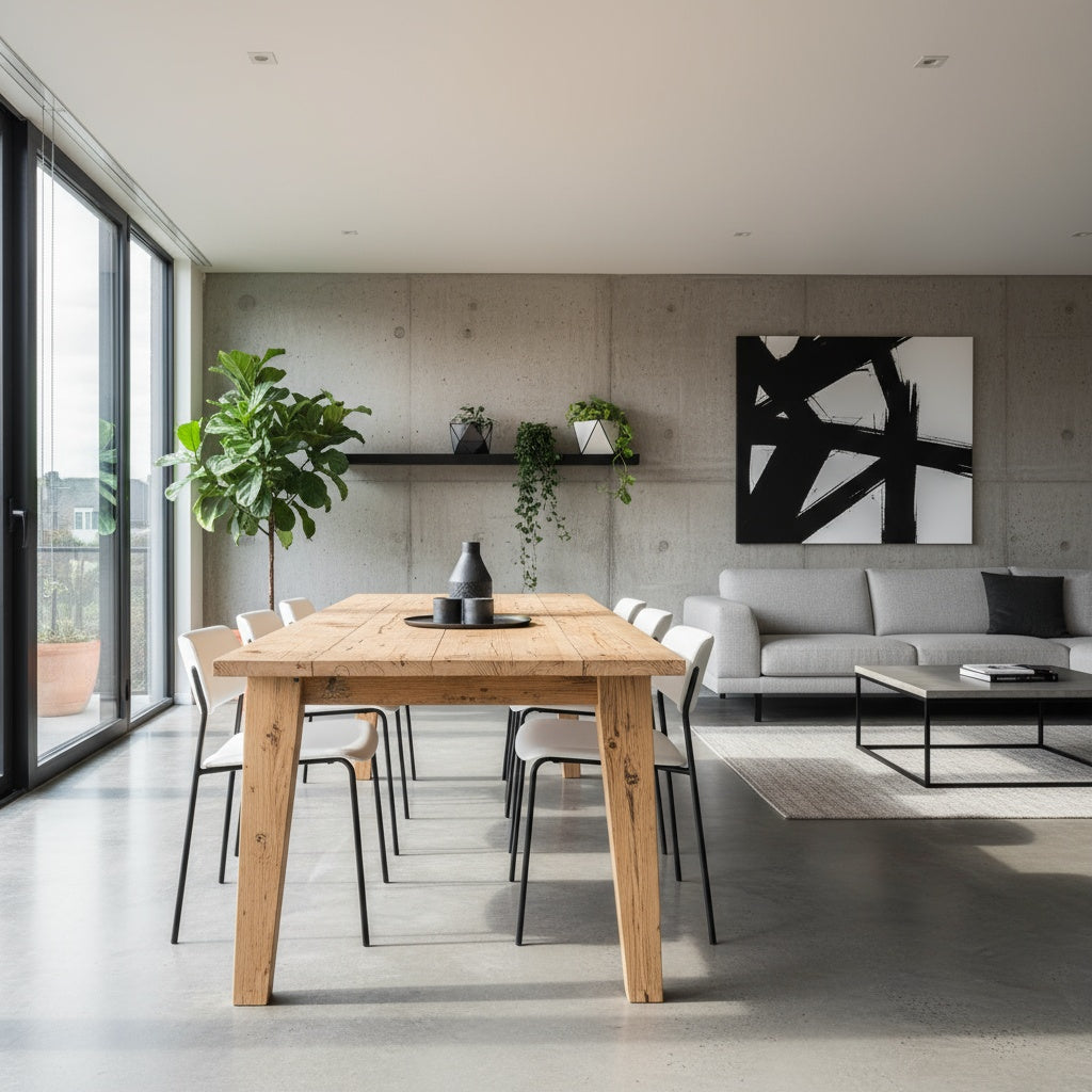 Modern living room with wooden dining table and gray sofa