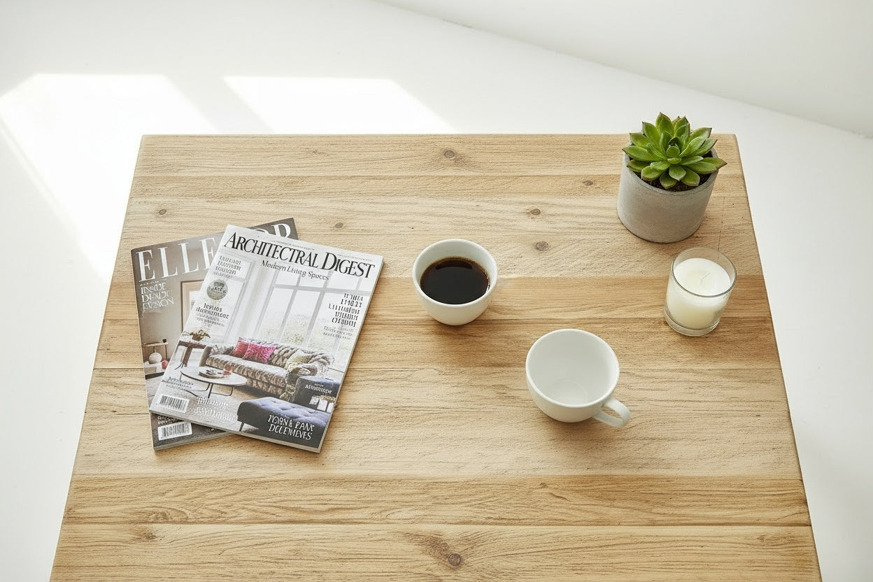 Rustic Coffee Table with morning coffee, plants and magazines