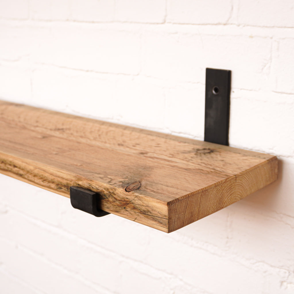 Sanded scaffold board shelf with hanging bracket