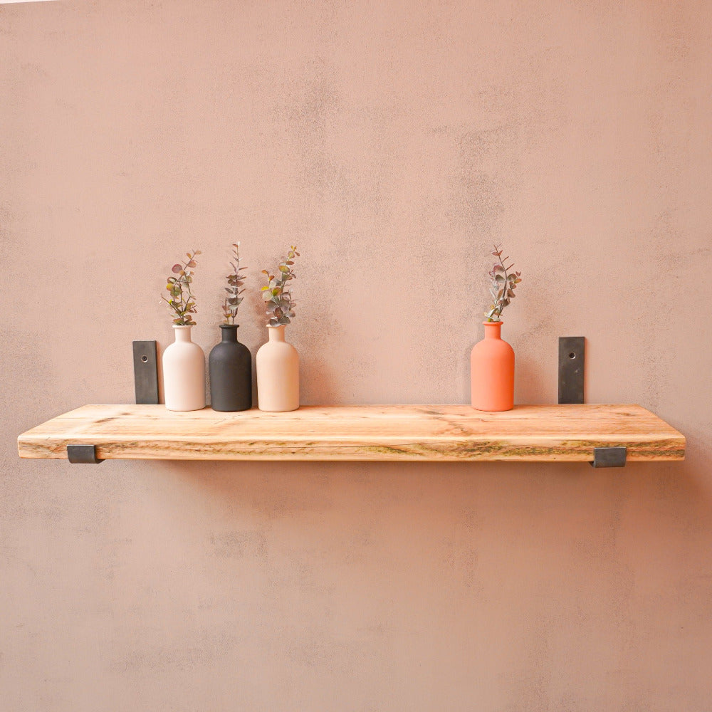 A reclaimed rustic wooden shelf with hanging brackets, Made from scaffolding