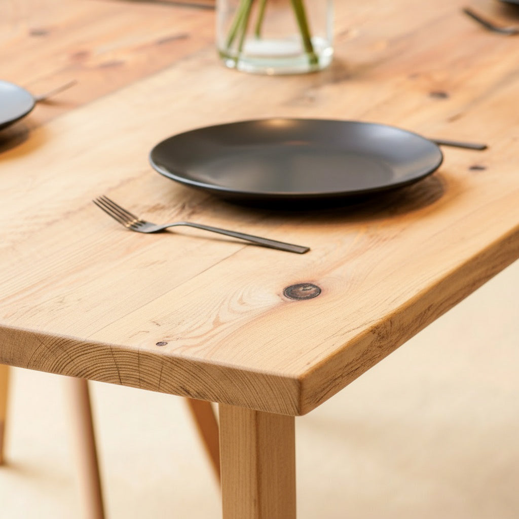 Wooden dining table with black plates and a fork on a light wooden floor.