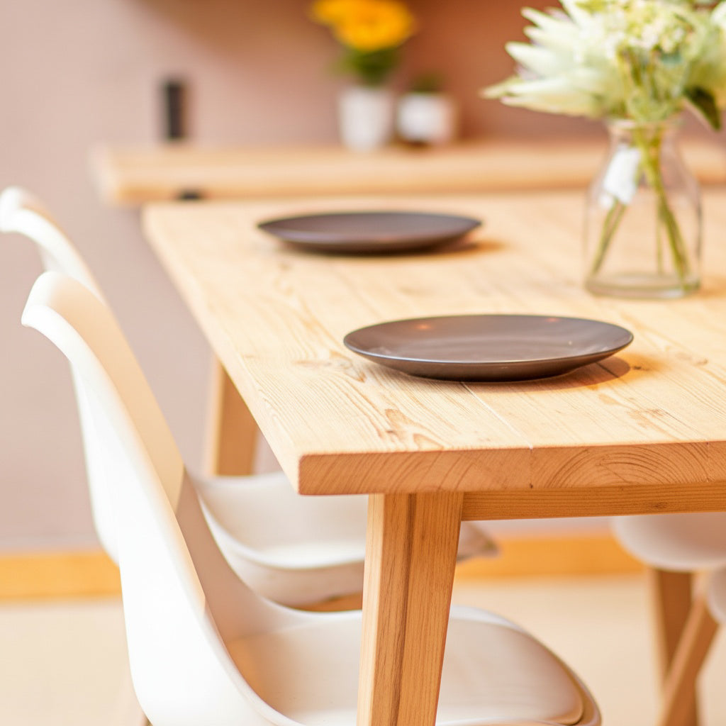 Wooden dining table with white chairs and decorative elements in a room.