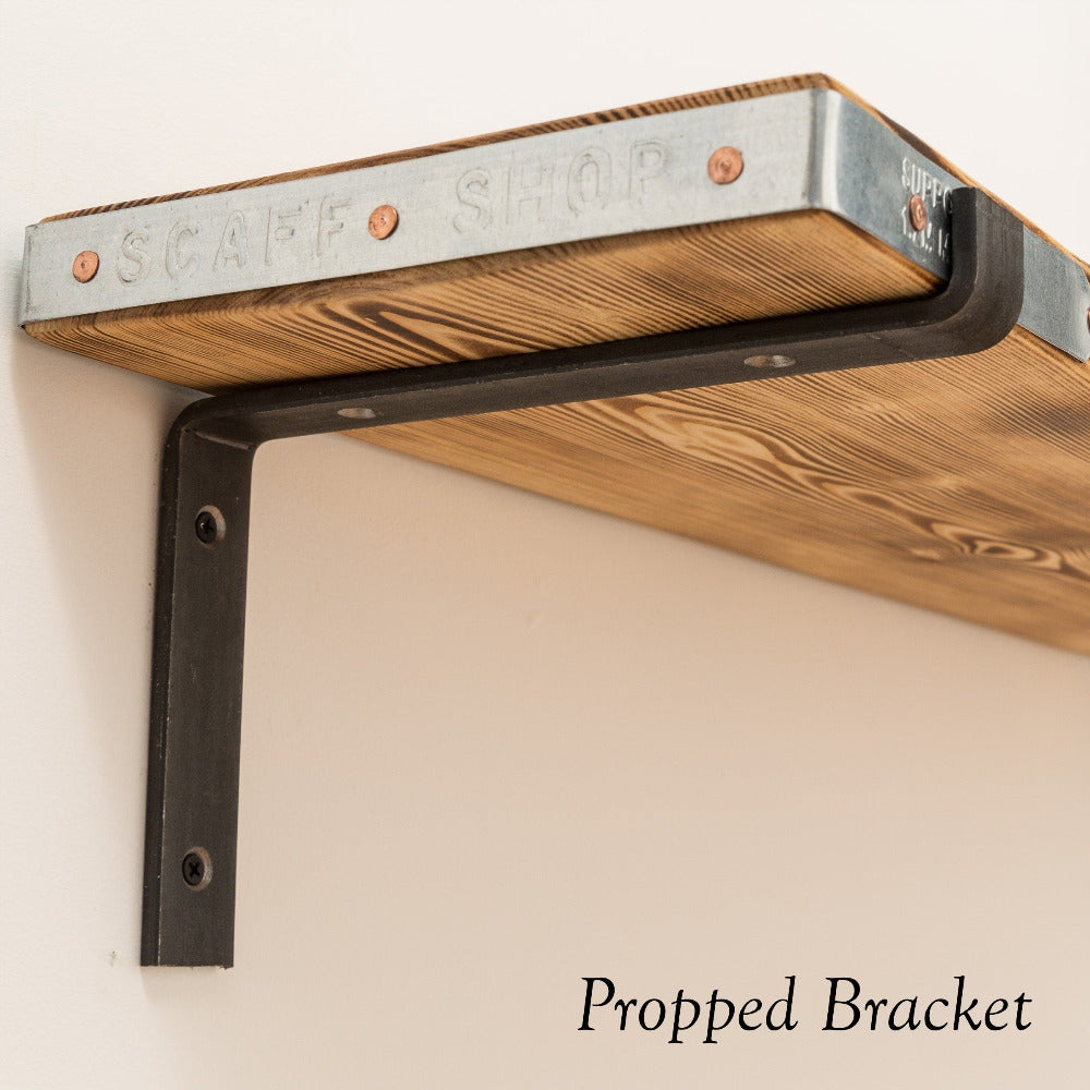 Propped metal bracket to fit standard scaffolding board