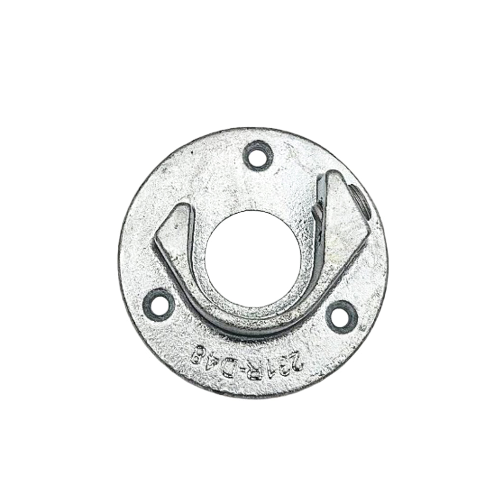 Metallic circular component with hooks on a light gray background