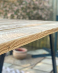 Goegeous grain on an outdoors reclaimed table made from old scaffold boards