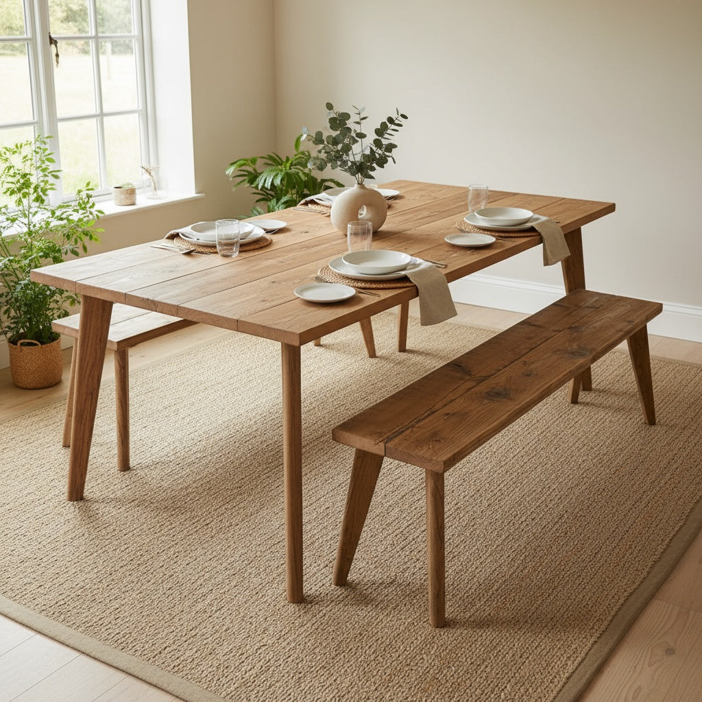 Scaffold Board dining table with benches in a bright room with plants