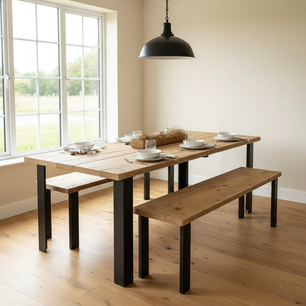 Scaffold Dining table with benches in a bright room with large windows leaving a modern feel.