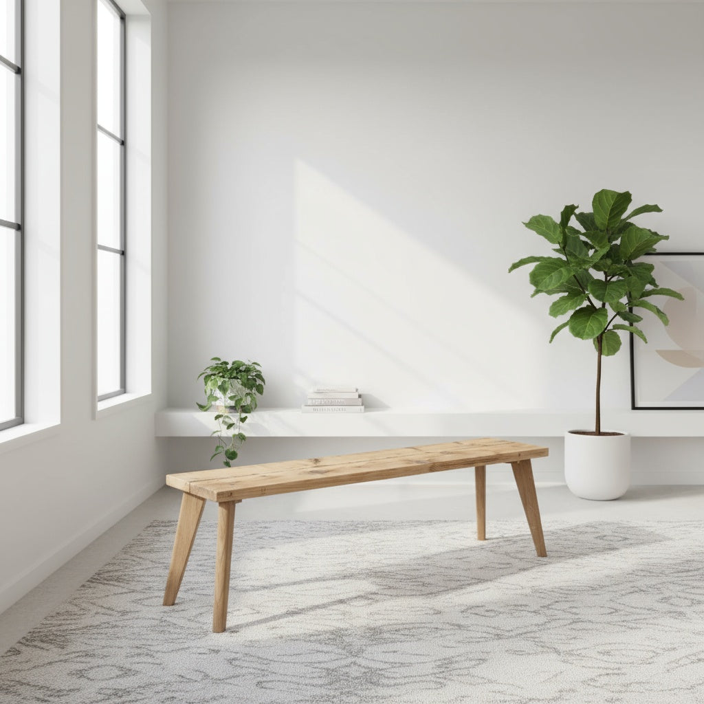 Scaffold Board Wooden bench in a modern room with large windows and a plant.