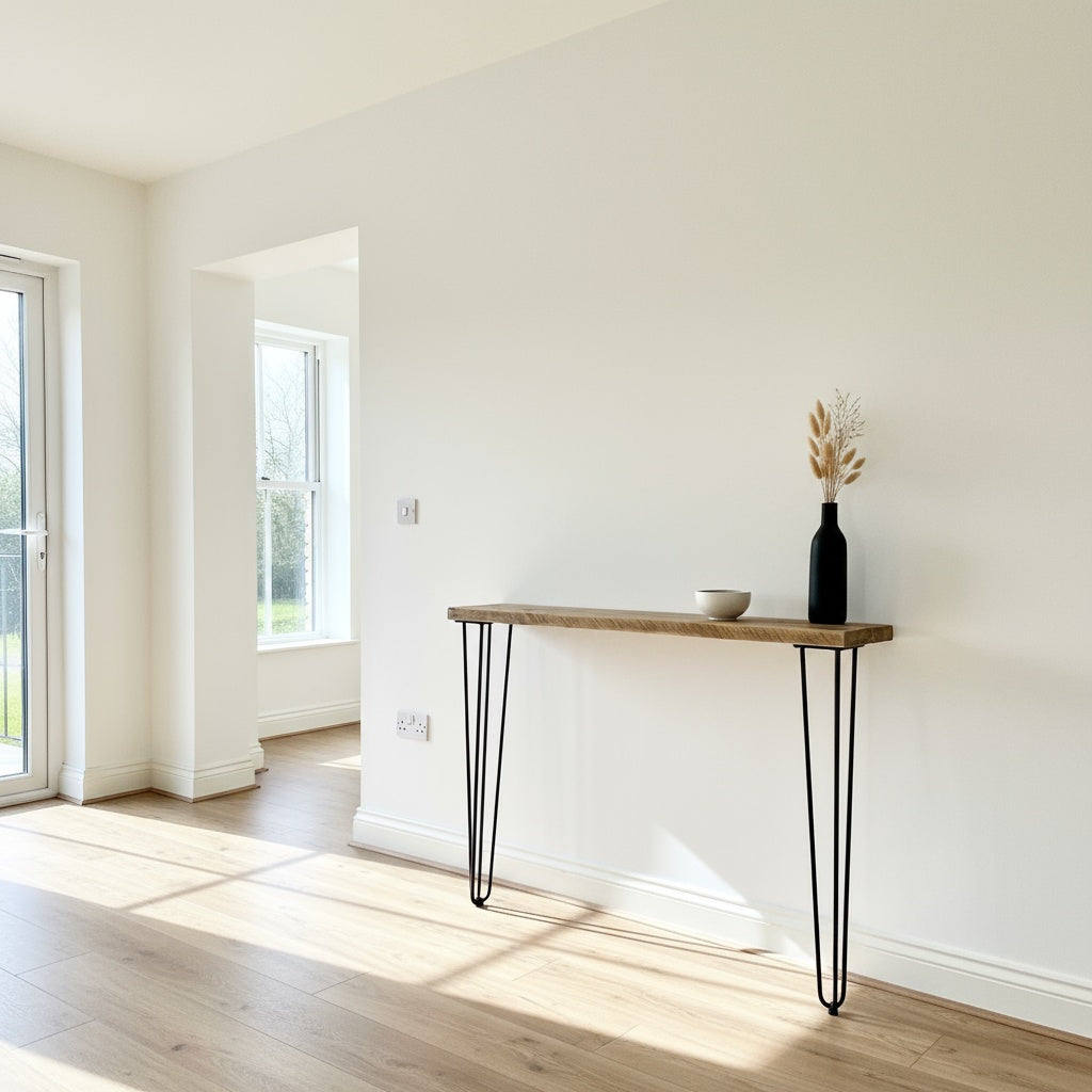 Console table with a vase and bowl in a bright room with large windows.