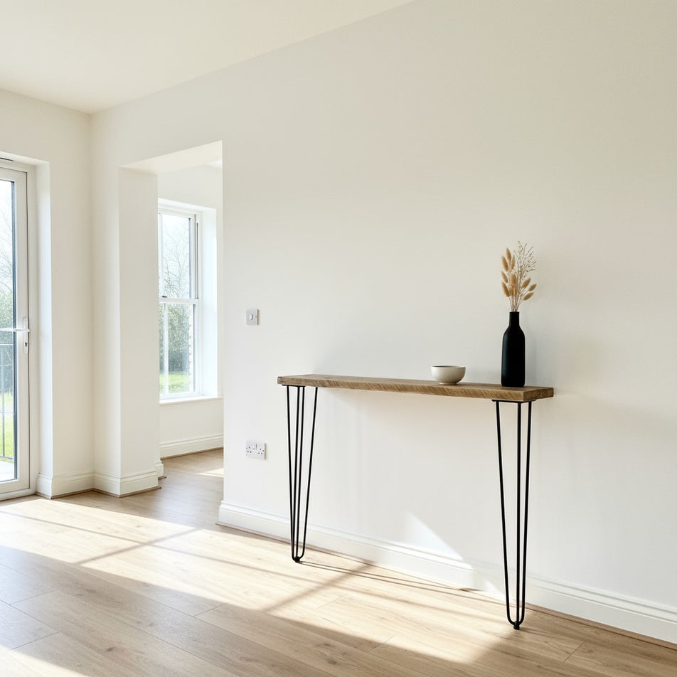 Console table with a vase and bowl in a bright room with large windows.