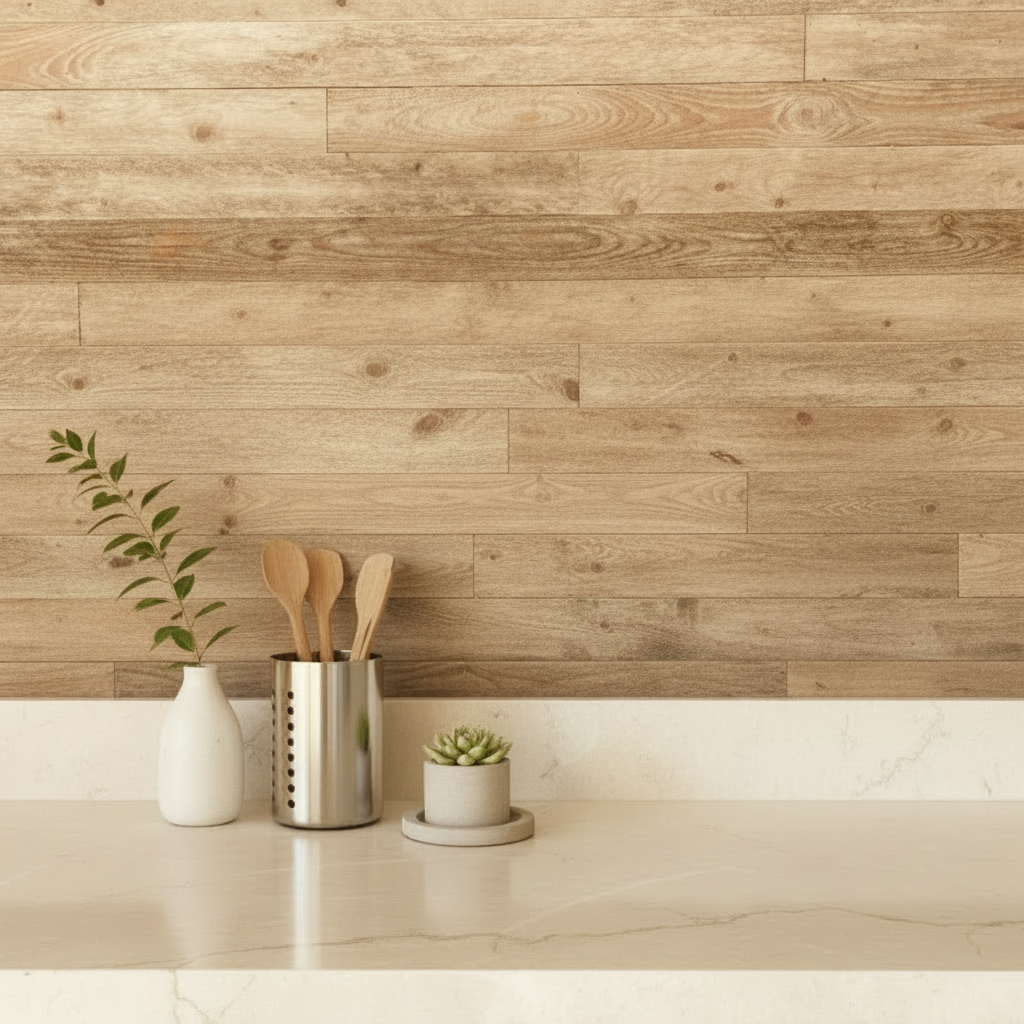 Wooden wall paneling with decorative items on a countertop