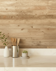 Wooden wall paneling with decorative items on a countertop