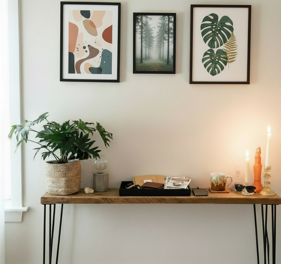 Wooden console table with decorative items against a wall with framed artwork