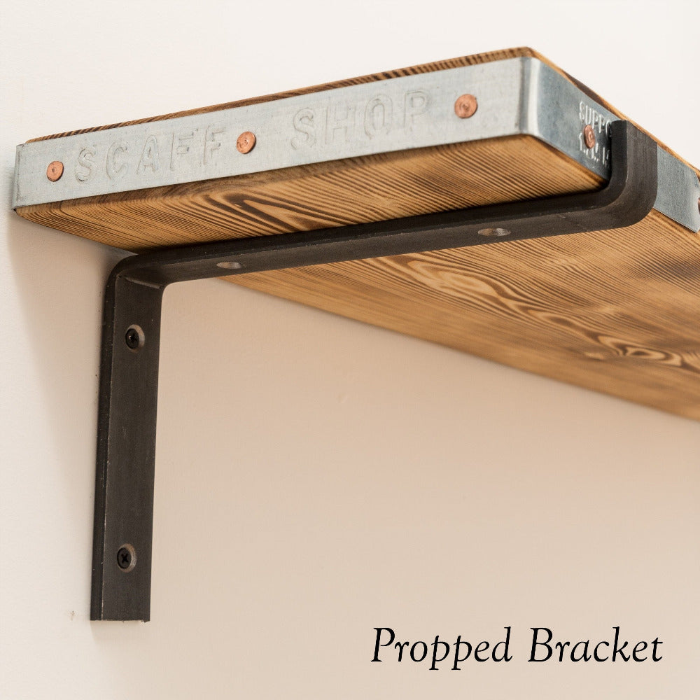 Metal bracket supporting timber shelf from The Scaff Shop