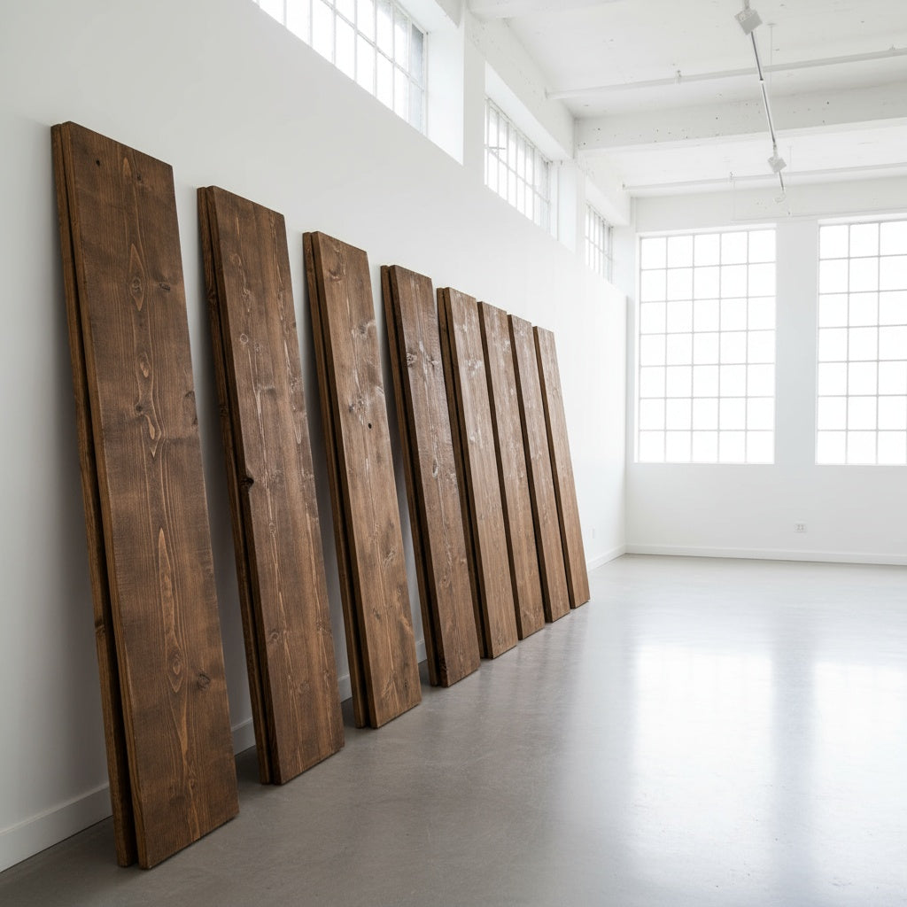 Wide scaffolding boards finished with a dark oak stain 600mm wide