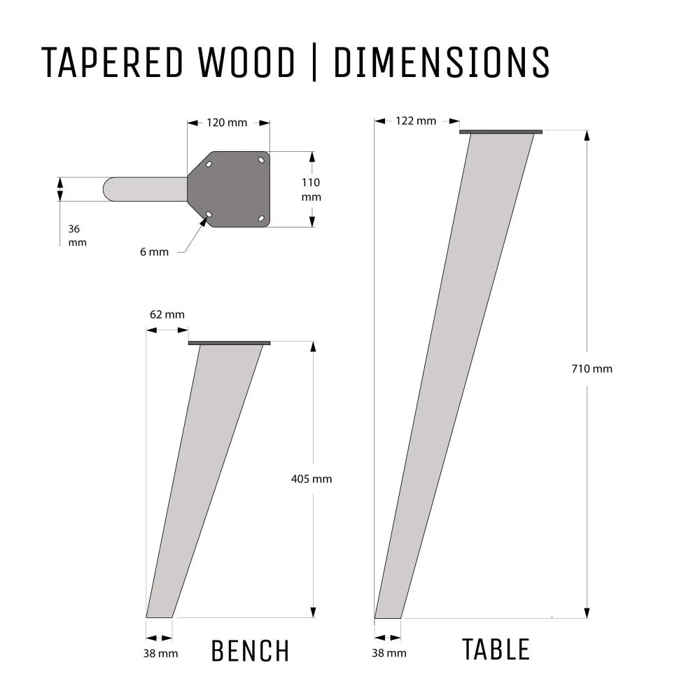Dimensions for tapered wood oak legs