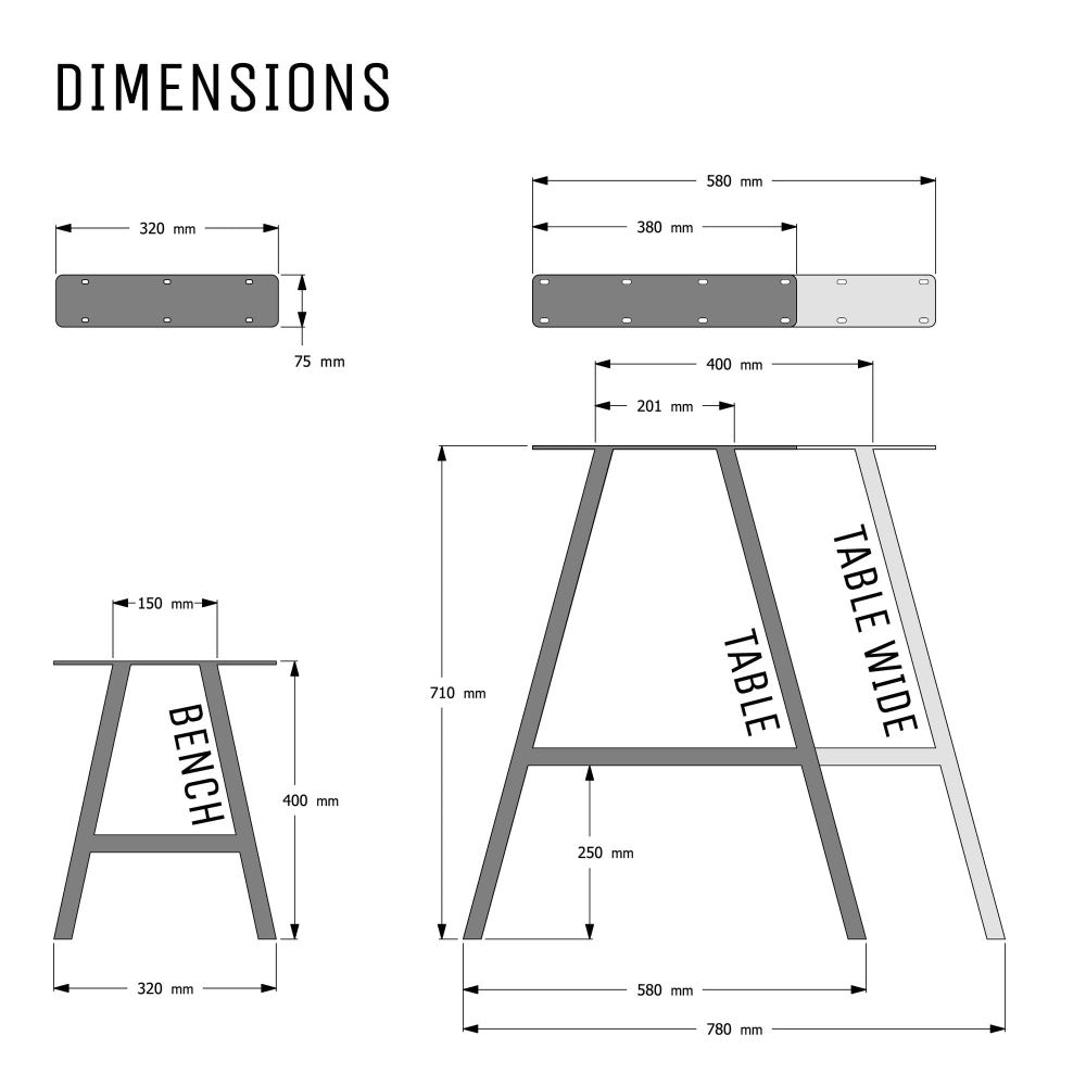 Dimensions diagram for A-frame table and bench legs