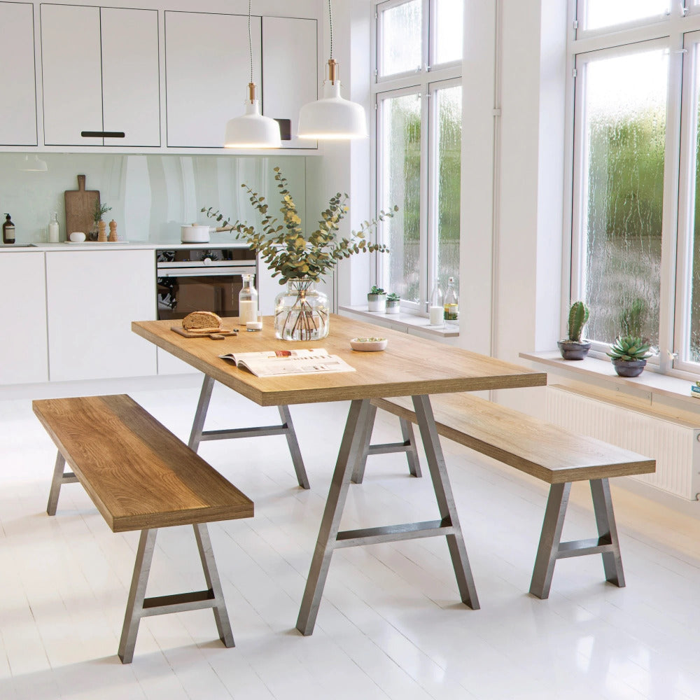 A-Frame industrial box section legs for tables and benches shown in kitchen setting