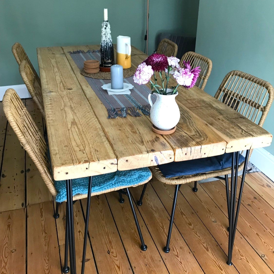 Dining table made from chunky extra thick scaffold boards