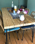 Dining table made from chunky extra thick scaffold boards