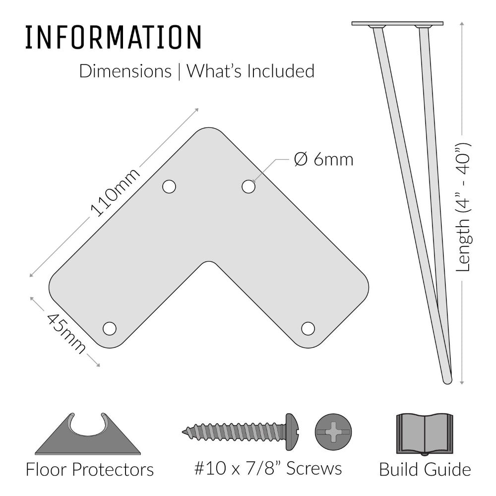 Dimensions diagram for 30cm 12inch hairpin legs