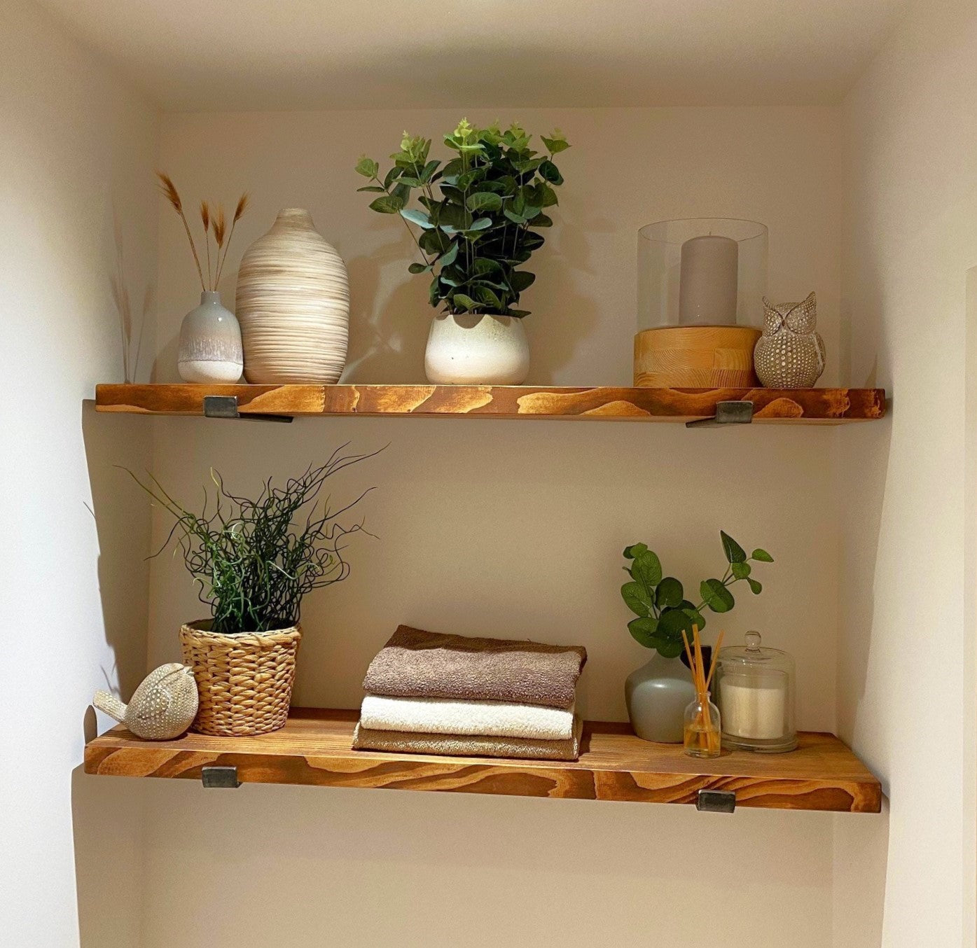 Hand made shelves from sanded scaffold board.