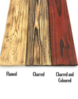 Flamed and charred options on pallewet wood samples