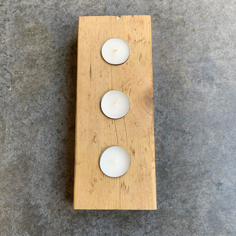 Natural finish in Danish oil on three candle tea light holder from The Scaff Shop