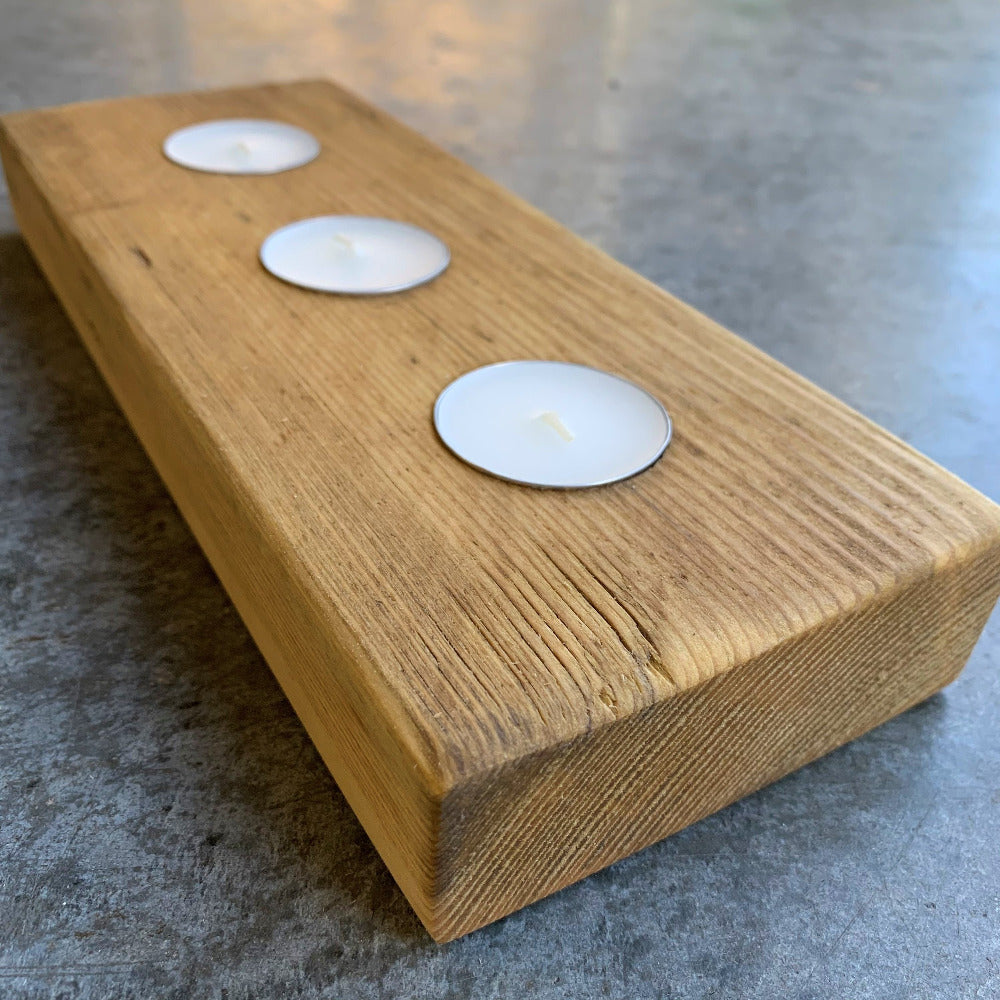 Side view of reclaimed scaffold board tea light holder