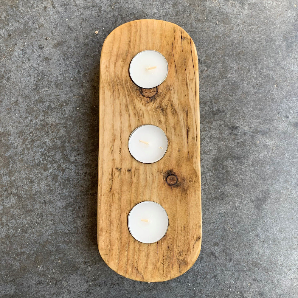 Antique stained pine reclaimed wood tea light with three candels