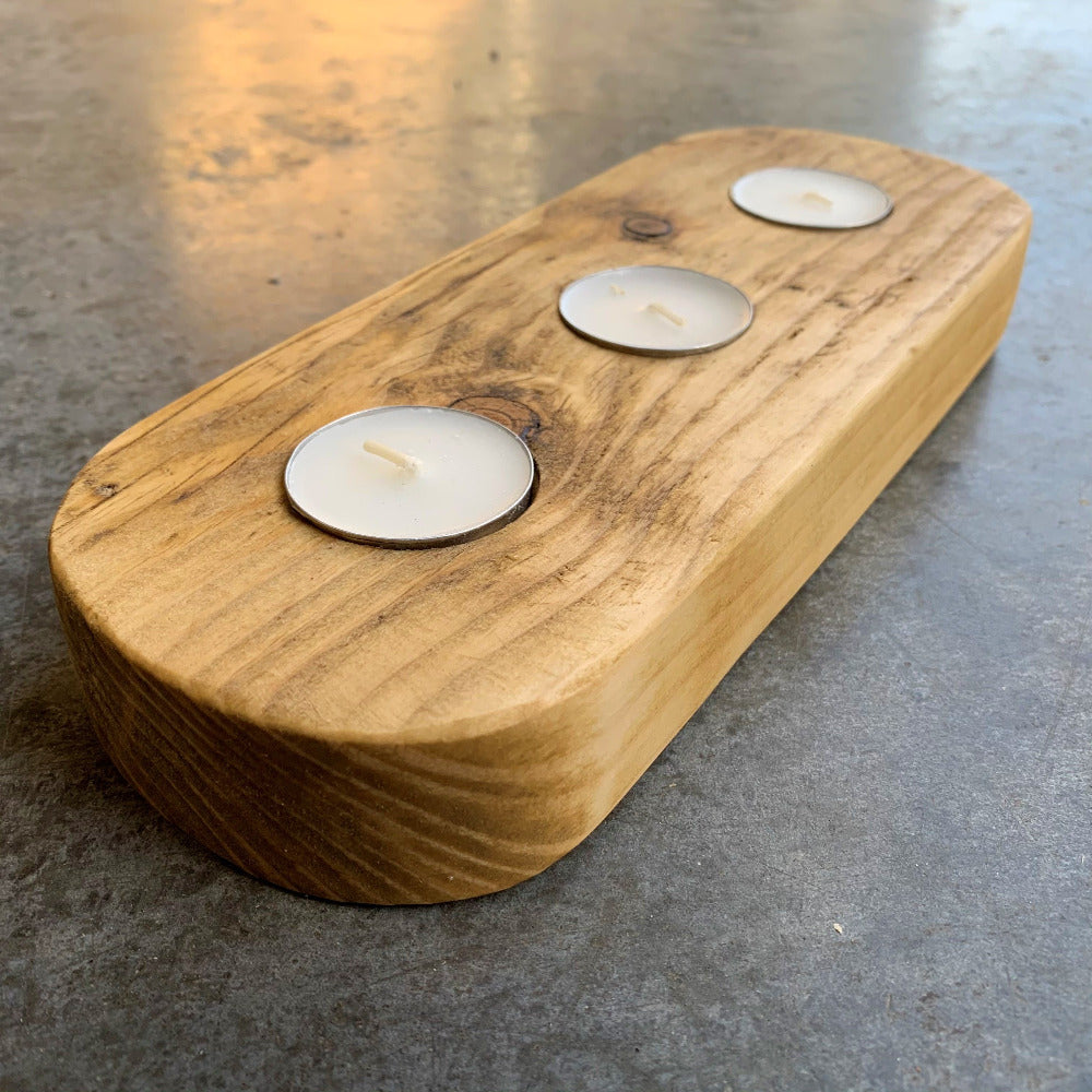 Side view of amazing grain on The Scaff Shop tea light holder from reclaimed scaffold boards