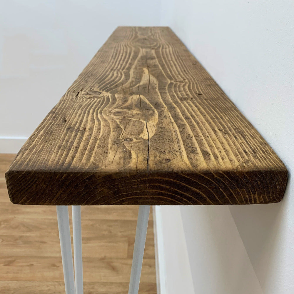Reclaimed timber stained dark with danish oil to make a console table with hairpin legs
