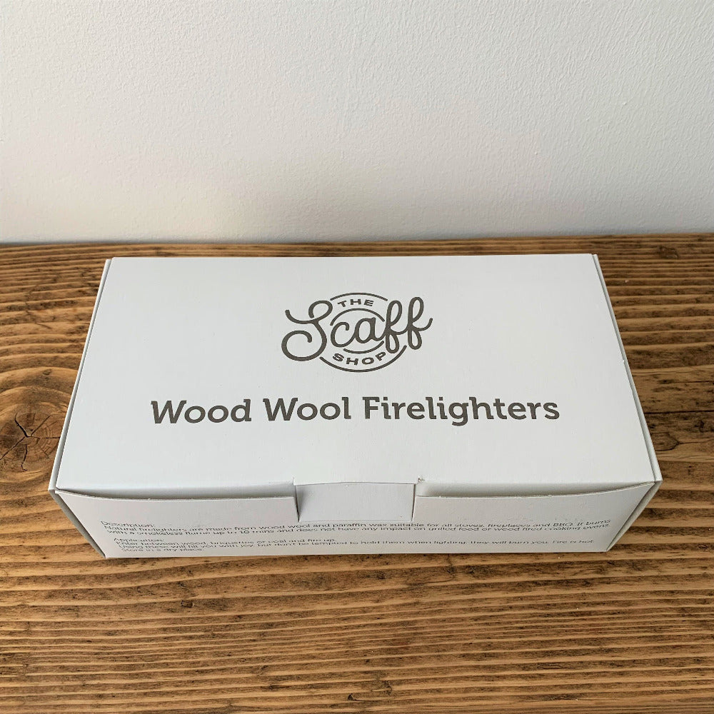 Wood Wool Firelighters from The Scaff shop in a box