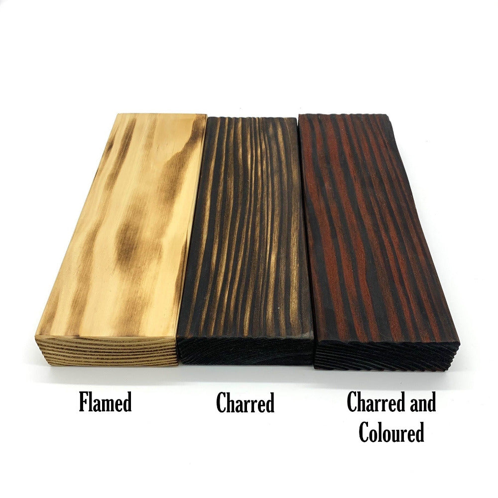 Special flame and charred options for scaffold board cladding
