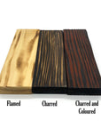 Samples of our special scaffolf board finishes, from flamed to charred and coloured.
