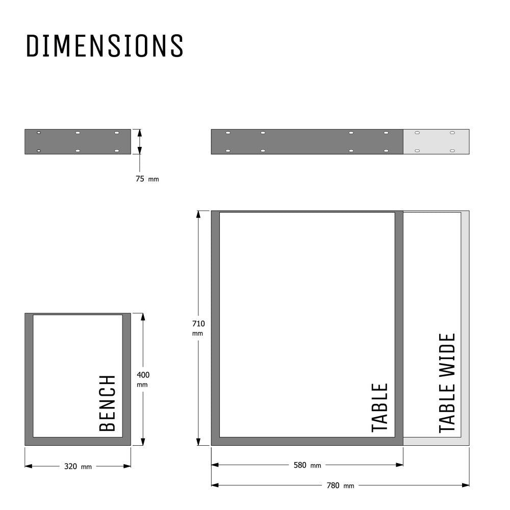 Dimension view of Box Section Table Legs