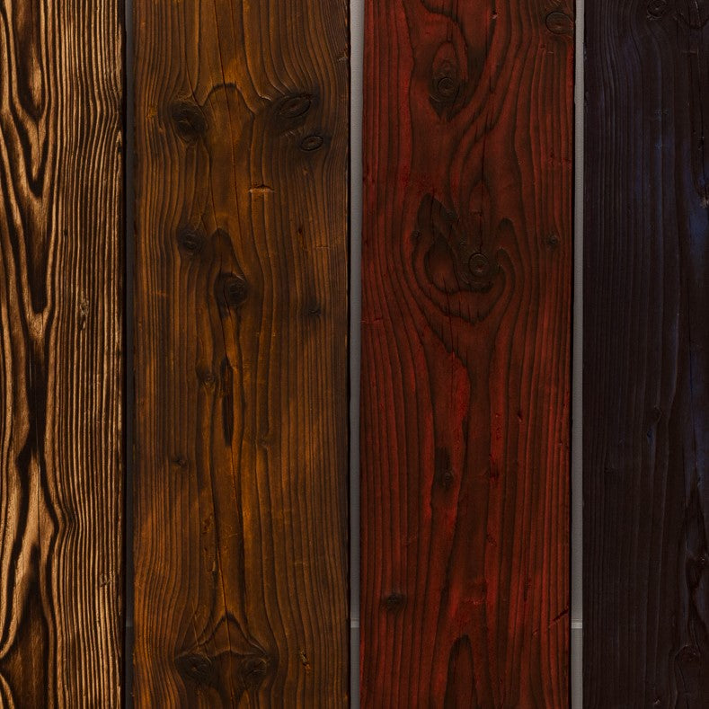 Reclaimed Scaffold Boards sanded and styled with colours, charred finished and more
