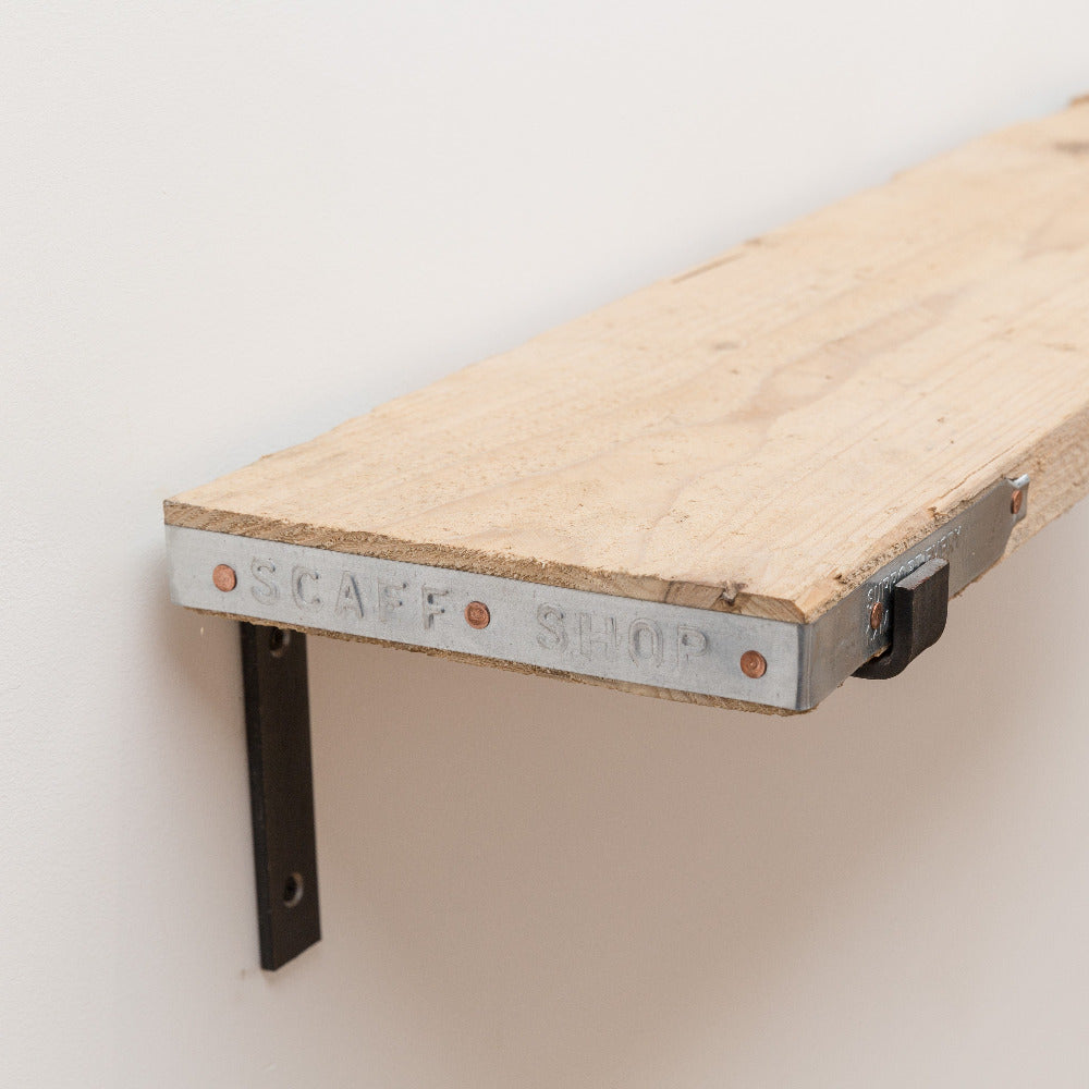 Rugged timber scaffold board shelf with band end