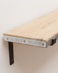 Rugged timber scaffold board shelf with band end
