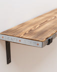Beautiful scorched scaffold board wall shelf with metal end band