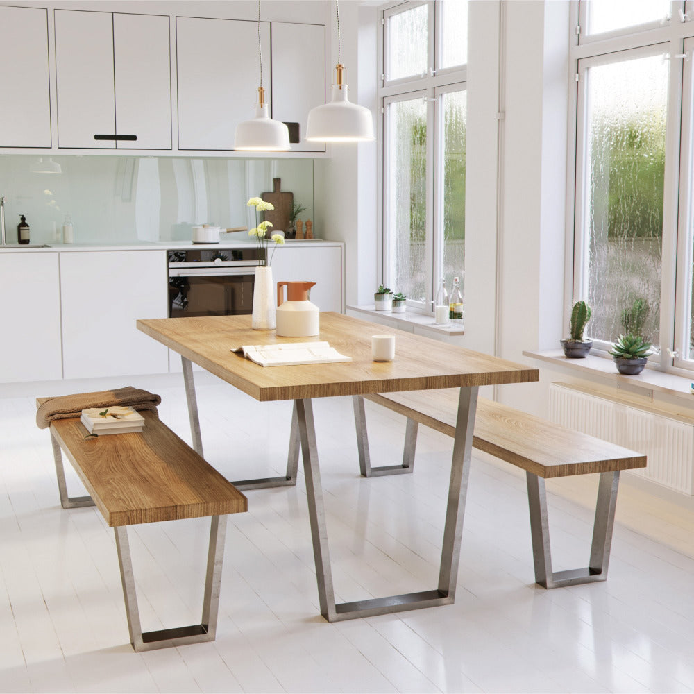 V Shaped industrial legs paired with tables or benches in kitchen