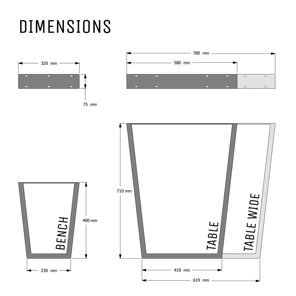 Dimensions diagram for V frame industrial table and bench legs