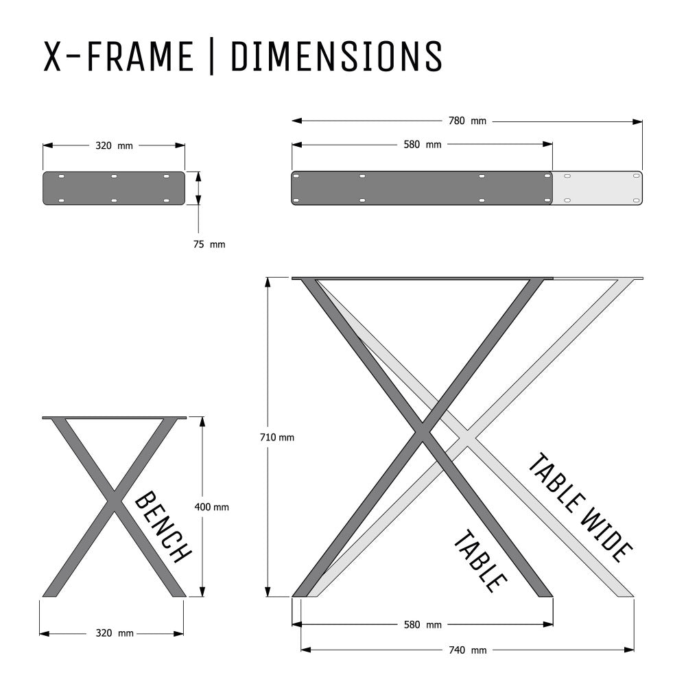 Dimensions diagram for X frame table and bench legs.